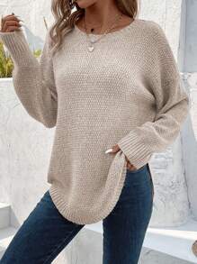 SHEIN LUNE Của phụ nữ Màu thuần Thả vai Áo len - Màu be - Xem 6