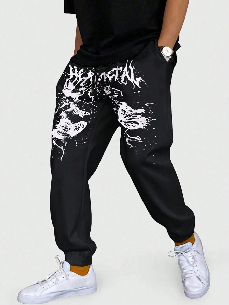 Manfinity EMRG Loose Men's Letter And Butterfly Print Sweatpants - Black - View 1