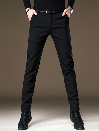 Men's Solid Casual Stretch Tapered Trousers, For Fall