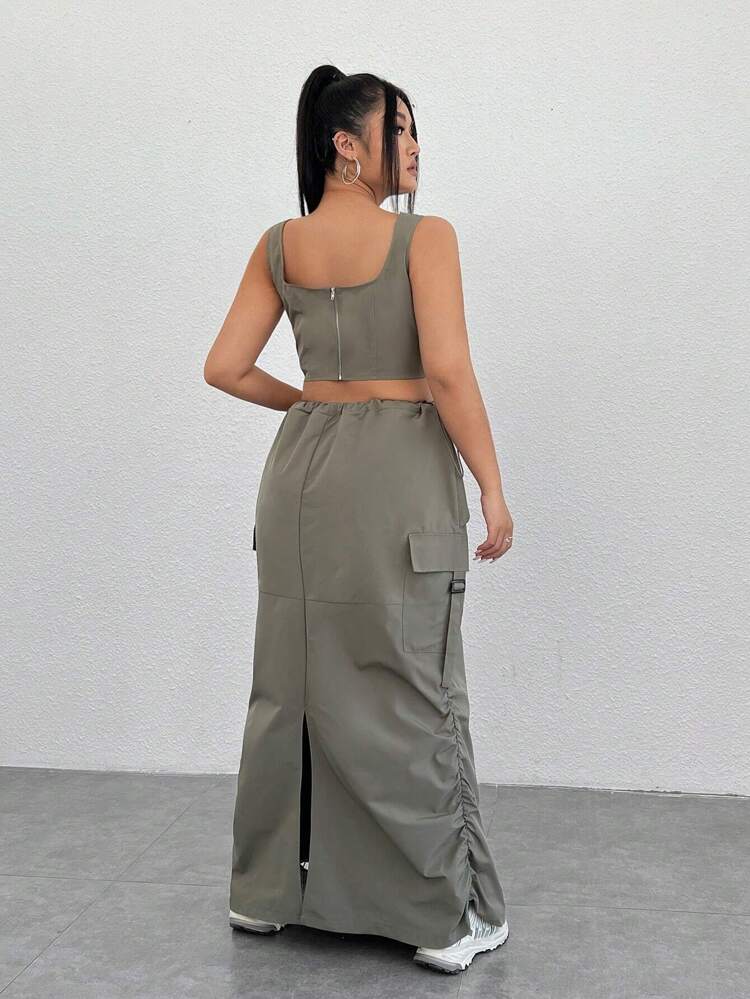 Plus Size Women's Tank Top And Drawstring Waist Utility Skirt Two Piece Set