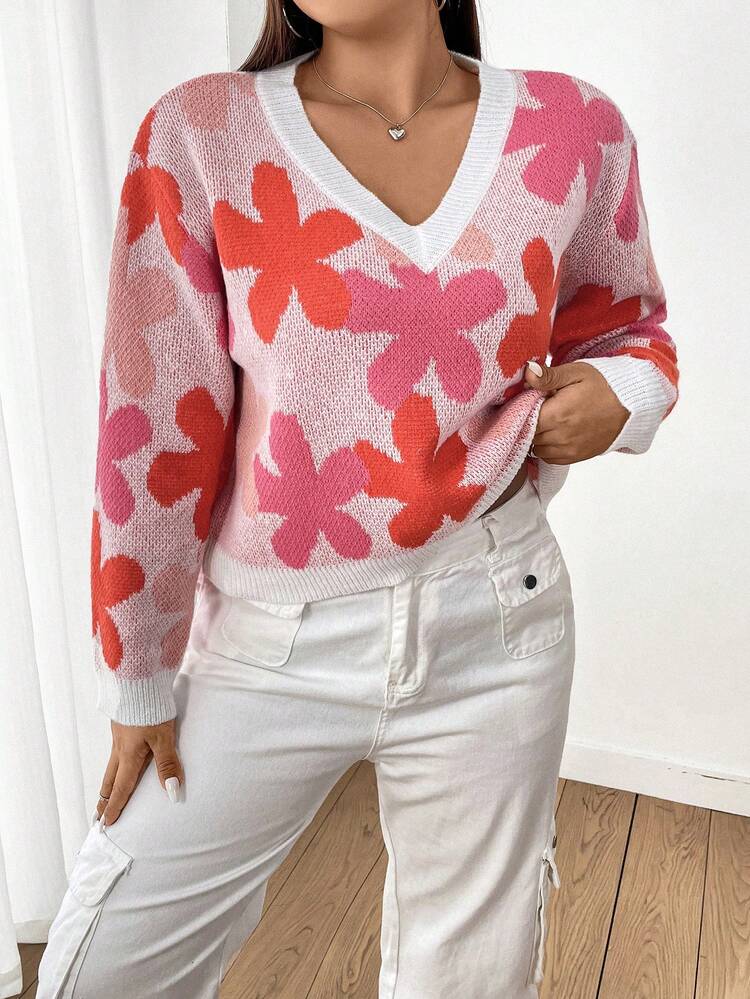 Plus Size Women's Floral Pattern Drop Shoulder Long Sleeve Sweater Knit Pullover Fall Winter Sweater