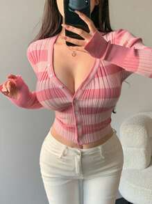 DAZY Valentine's Day Pink Striped Cardigan Sweater For Women - Pink - View 1