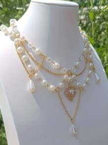 ROMWE Fairycore Y2k Style Fashionable Faux Pearl Pendant Necklace - Gold - View 2