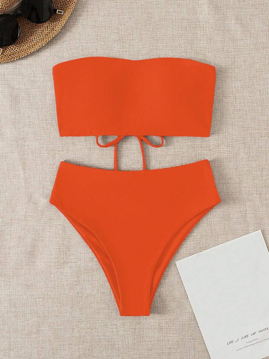 SHEIN Swim 夏季海灘無線實色無肩帶二件式比基尼泳衣，游泳衣 - 橘色 - 查看 1