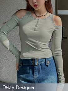 Dazy Designer Cold Shoulder Lace Trim Tee Long Sleeve Women Tops