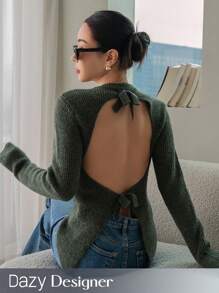 Dazy Designer Women's Open Back Knotted Sweater - Green - View 1