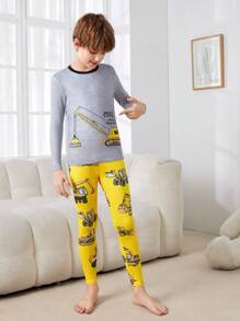 SHEIN Tween Boy合身休閒圓領圖案t恤和長褲貼身家居服套裝 - 彩色 - 查看 3