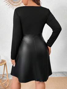 Calvaya Plus Size Splicing Pu Leather Dress Without Belt - Black - View 2