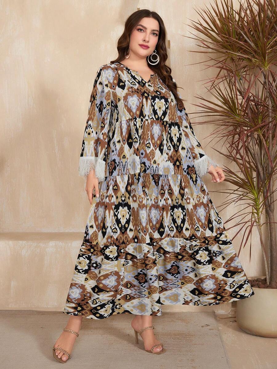 Al Najma Plus Size Women's Floral Printed Patchwork Furry Sleeve Cuff Dress - Brown - View 1