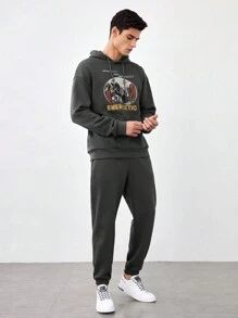 Manfinity VCAY Conjunto De Sudadera Con Capucha Con Cordón Y Pantalones Deportivos Para Hombres, Sueltos Y Con Impresión De Letras - Gris - Ver 1
