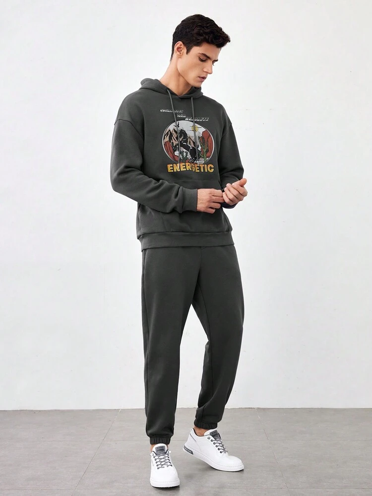 Loose Men's Letter Printed Hoodie With Drawstring & Sports Pants Set