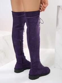 女性時尚麂皮綁帶低跟過膝靴黑色靴子 - 紫色 - 查看 6