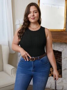 SHEIN Frenchy Plus Size Cable Knitted Tank Top For Summer - Black - View 2