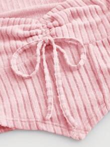 SHEIN MOD Pink Long Sleeved Ladies' Solid Color Bell Sleeve Elastic Hem Ruched Striped T-Shirt - Pink - View 3