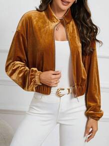 SHEIN Clasi Của phụ nữ Nhung Đứng cổ áo Dây kéo Khép kín Tay áo dài Áo khoác - Đồng - Xem 4