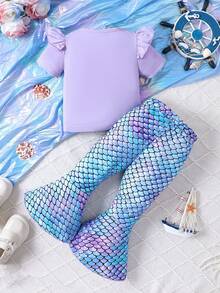 Baby Girls' Mermaid Printed Ruffle Short Sleeve Top And Fish Scale Printed Flared Pants - Purple - View 2