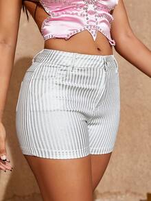 Rave Cao eo Túi nghiêng Kim loại Màu bạc In sọc chất liệu da PU Lễ hội Mini Quần short - Nhiều màu - Xem 3