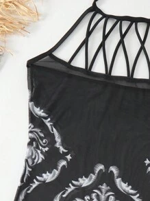 Women'S Floral Print Halter Mesh Cover Up Dress - Black - View 6