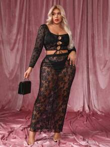 SHEIN SXY Váy ren cạp cao không kèm quần lót, ngày lễ tình nhân - màu đen - Xem 6