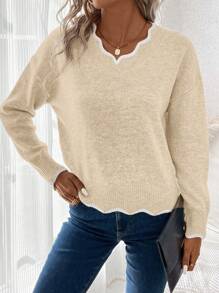 SHEIN LUNE Contrast Scallop Trim Drop Shoulder Sweater - Apricot - View 3