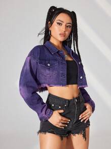 SHEIN EZwear 女性牛仔夾克帶磨損邊 - 中等水洗藍 - 查看 3