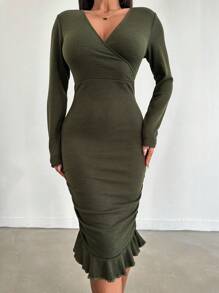 EURMUSE Pleated Bodycon Long Sleeve Dress - Green - View 4