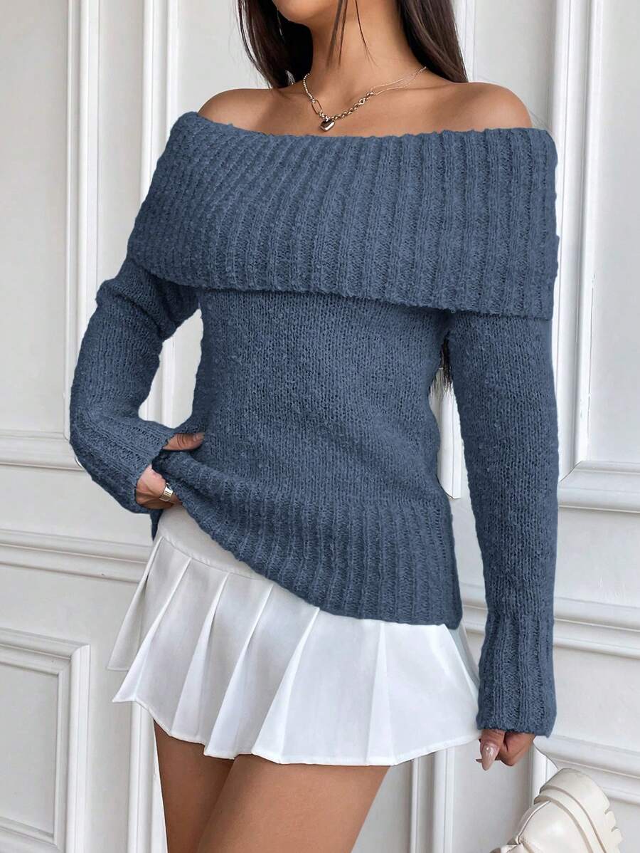 SHEIN Qutie 女士純色露肩毛衣 - 霧霾藍 - 查看 1