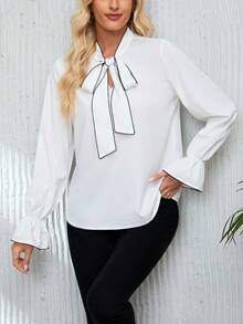 SHEIN Frenchy 自繫領口襯衫,荷葉邊袖口 - 白色 - 查看 5