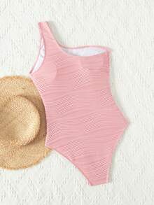 SHEIN Swim Màu thuần Xu hướng: Cắt giảm Một bờ vai Đồ bơi một mảnh Lễ cưới - Hồng - Xem 4