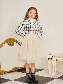 Tween Girl 1pc Plaid Pattern Double Breasted Mesh Hem Overcoat - Black and White - View 4