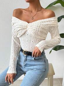 SHEIN Privé 女款純色鏤空刺繡露肩扭紋t卹 - 白色 - 查看 5