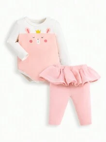 SHEIN Bộ đồ liền thân dài tay cổ tròn in họa tiết hoạt hình và quần lưới tương phản 2 trong 1 cho bé gái - Nhiều màu - Xem 1