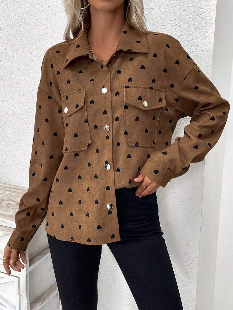 Snap Buckle Heart Print Drop Shoulder Jacket