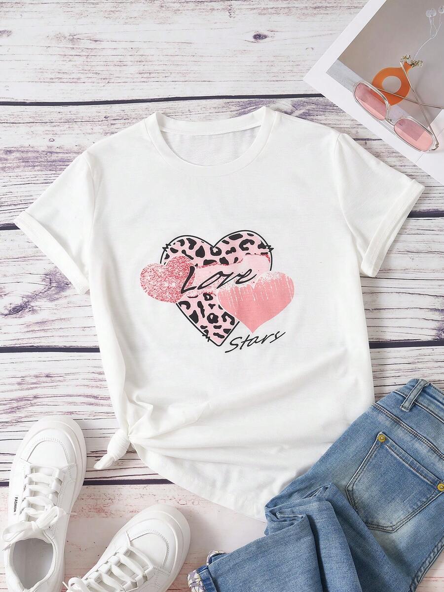 SHEIN Essnce Của phụ nữ Tim In hoa Báo Vòng cổ Áo thun - trắng - Xem 1