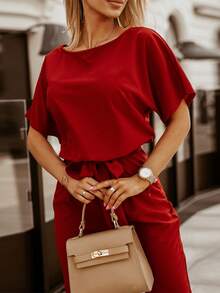 Solid Batwing Sleeve Belted Jumpsuit