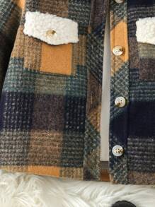 SHEIN 女孩子1入格紋印花貝殼絨領子翻蓋口袋外套