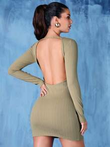 SHEIN BAE Women'S Ribbed Tank Style Bodycon Dress With Deep V-Back And Long Sleeves - Green - View 2
