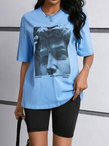 SHEIN EZwear 女士標語印花t恤 - 藍色 - 查看 6