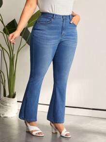 SHEIN LUNE 大尺碼修身喇叭牛仔褲 - 中等水洗藍 - 查看 3