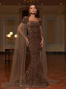 Faeriesty Square Neck Extra-Long Sleeve Sequin Formal Dress - Coffee Brown - View 6