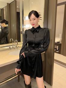 EastFlair Ren Trở lại Tay áo dài Váy sơ mi - màu đen - Xem 4
