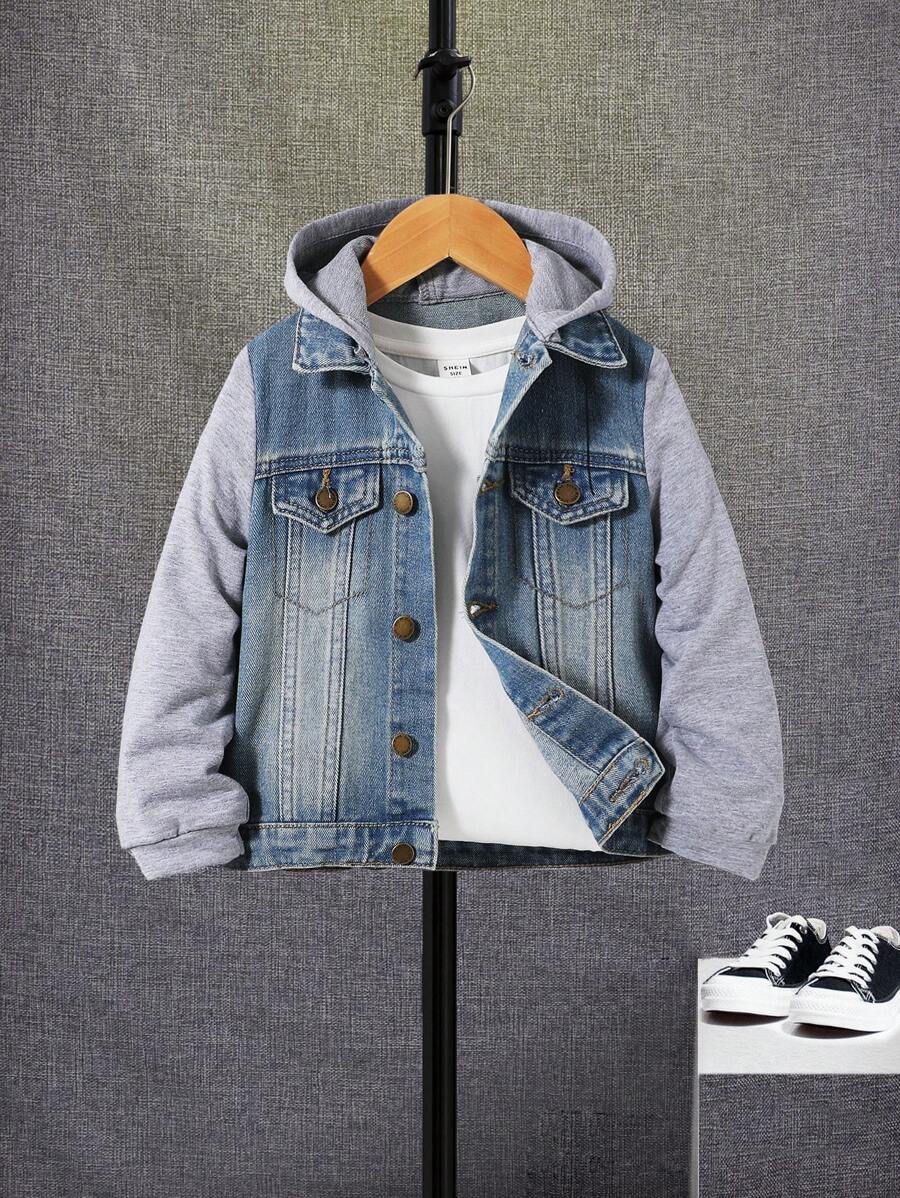 SHEIN Con trai Flip Chi tiết áo có mũ Áo khoác denim , Đá rửa - Rửa trung bình - Xem 1
