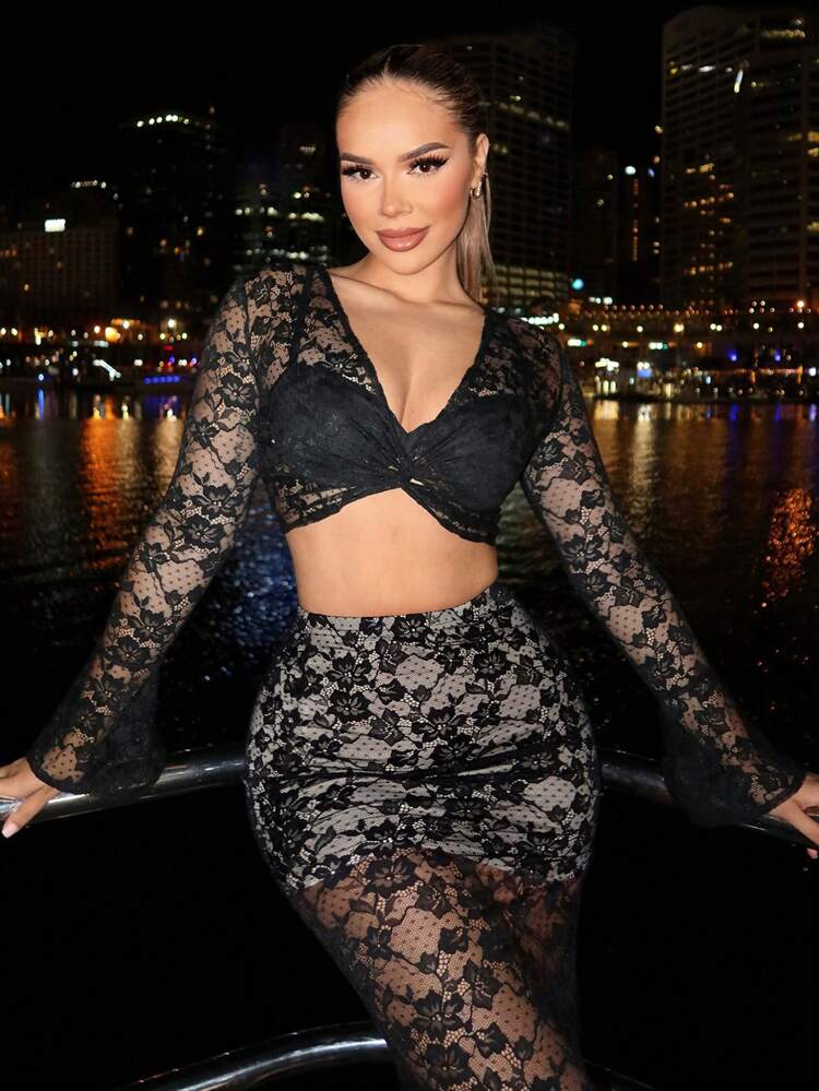 Valentines Sexy Women'S Lace See-Through Twisted Bell SleeveTop & High Slit Skirt, 2pcs/Set