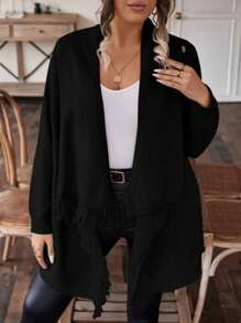 SHEIN LUNE Plus Size Tassel Fringe Trim Draped Collar Cardigan - Black - View 4
