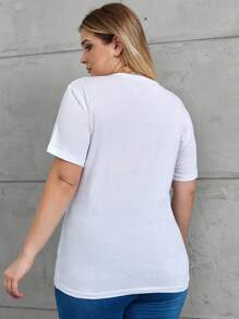 RueChic Plus Size Women's Slogan Printed Short Sleeve T-shirt - أبيض - مشاهدة 3