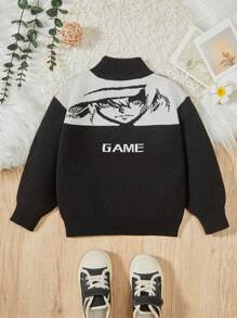 SHEIN 幼童男童字母印花休閒立領毛衣 - 黑色 - 查看 2
