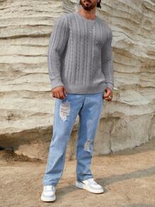 GENTILAND Men's Long Sleeve Cable Knitted Sweater With Round Neckline - Grey - View 4