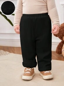 SHEIN Baby Boy Thermal Lined Solid Color Pants With Side Pockets - Black - View 1