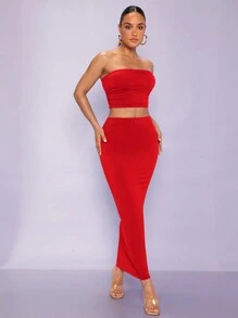 Silquee Conjunto De Falda Y Top Sin Tirantes Plisado Para Mujer - Rojo - Ver 1