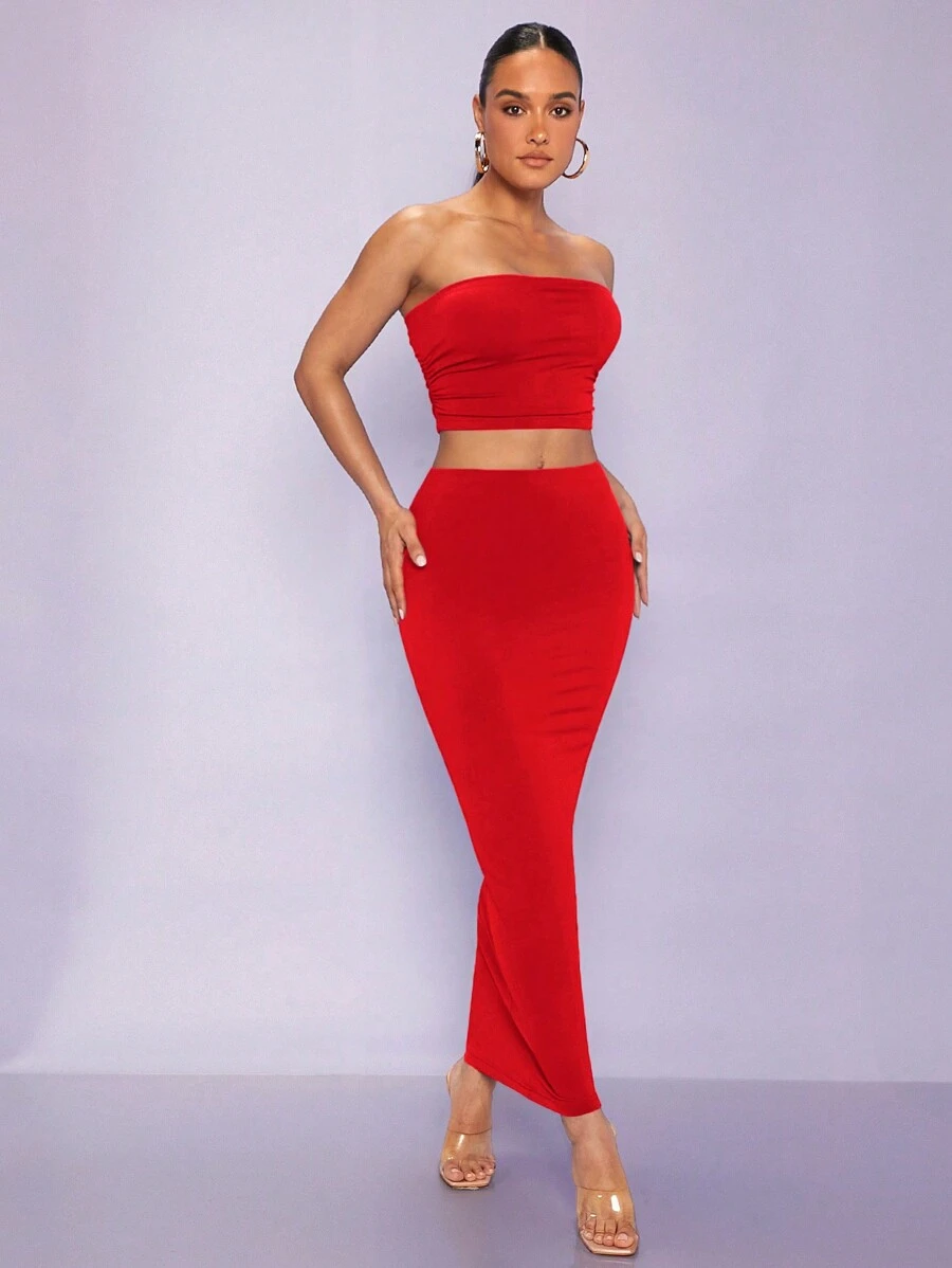 Silquee Conjunto De Falda Y Top Sin Tirantes Plisado Para Mujer - Rojo - Ver 1